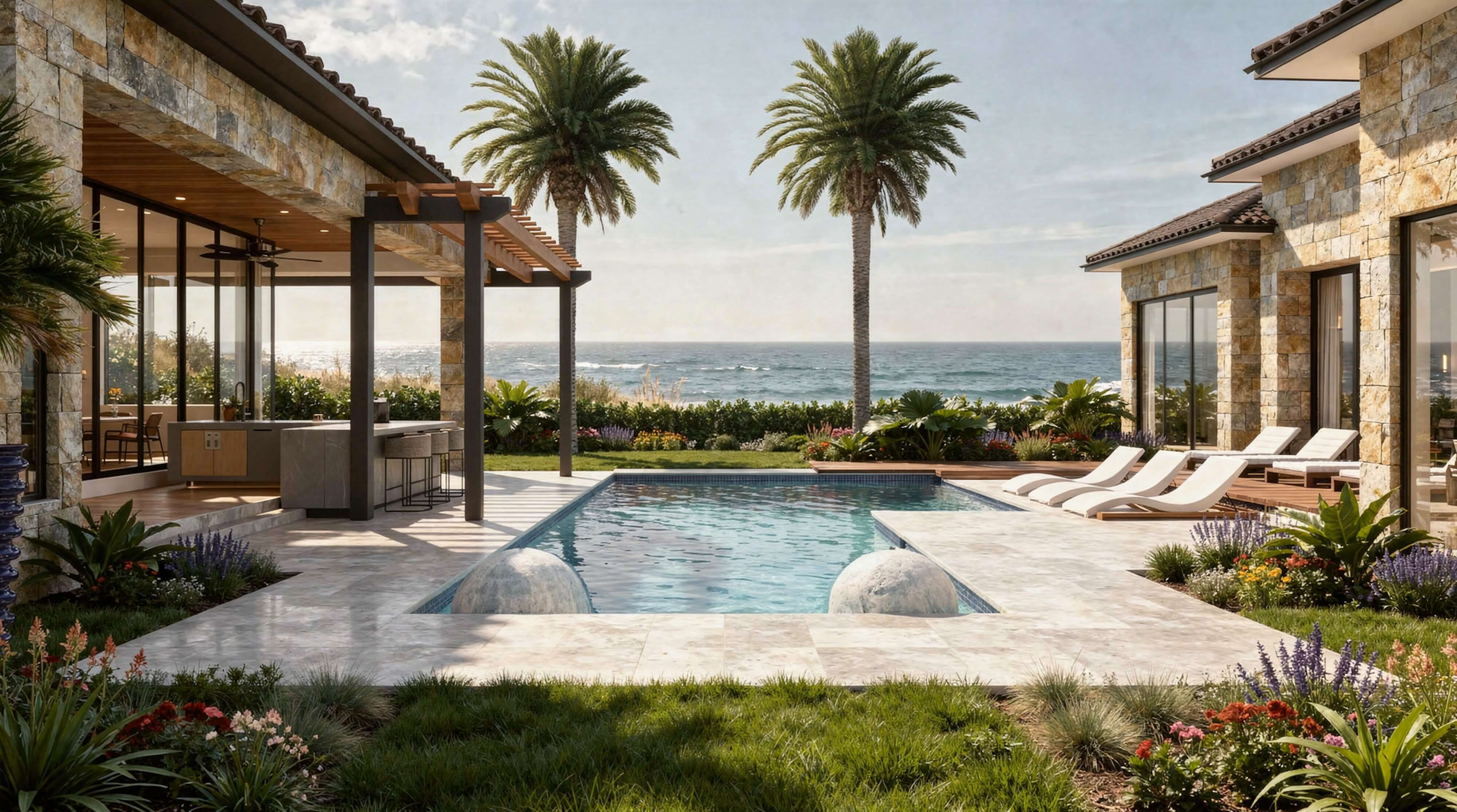 Two-story contemporary residence with expansive glass walls, resort-style pool, and sun loungers, ideal for full home renovation projects.