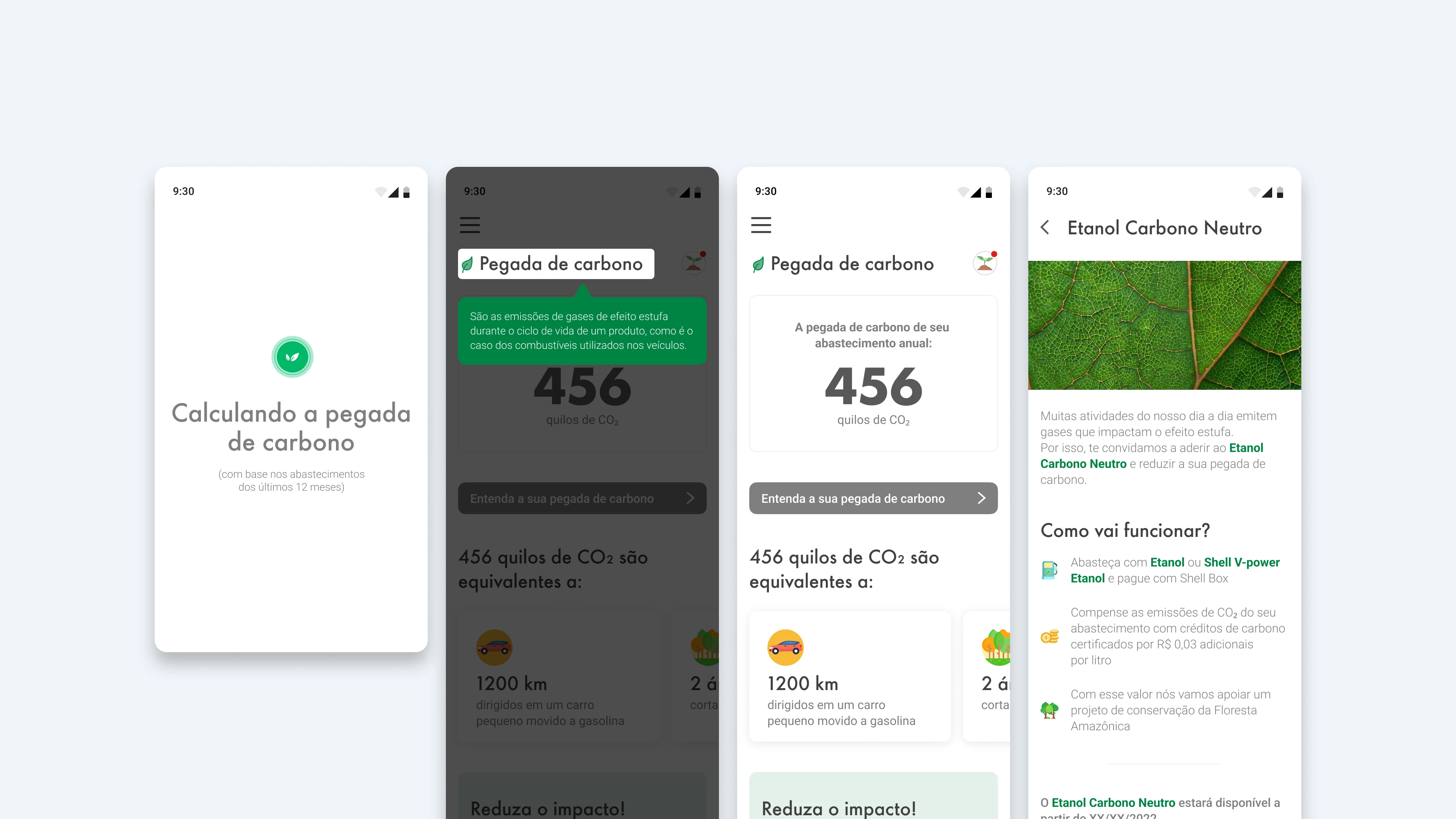 Four-screen app flow showing the carbon footprint calculation process. First screen displays loading with green icon. Second and third screens present the result of 456 kilograms of CO₂ with visual comparisons. Fourth screen details the Neutral Carbon Ethanol program with leaf image and explanation of how it works.