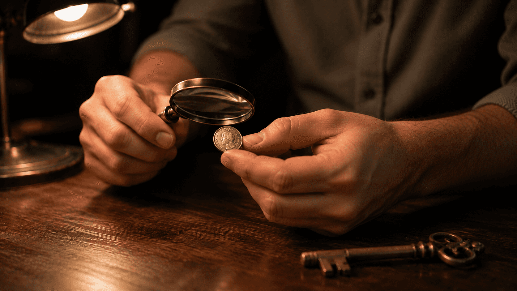Young hands examining a small coin under a magnifying glass at a warm-lit desk while a large brass key sits ignored and out of the light nearby