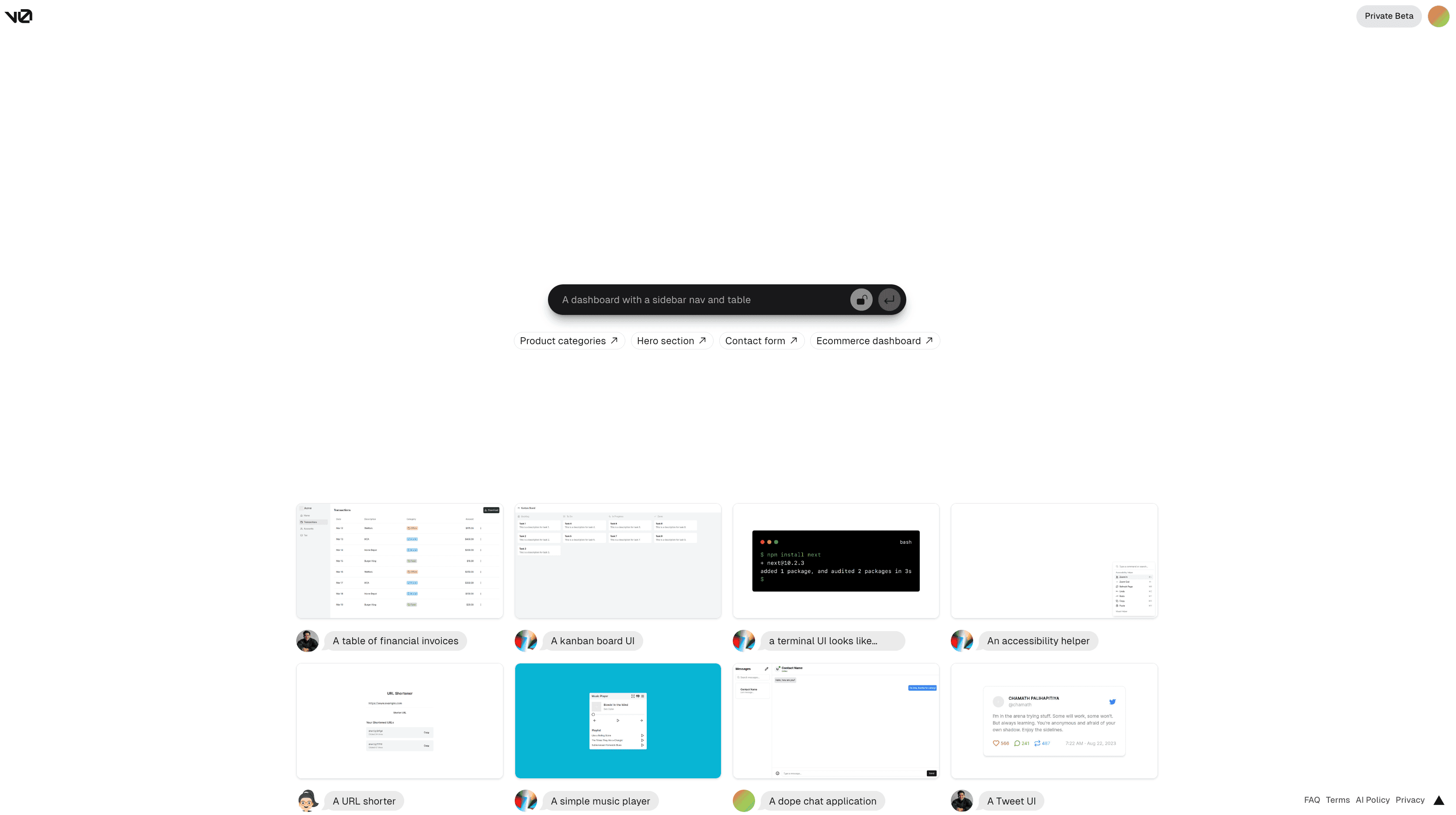 Dashboard for v0 application