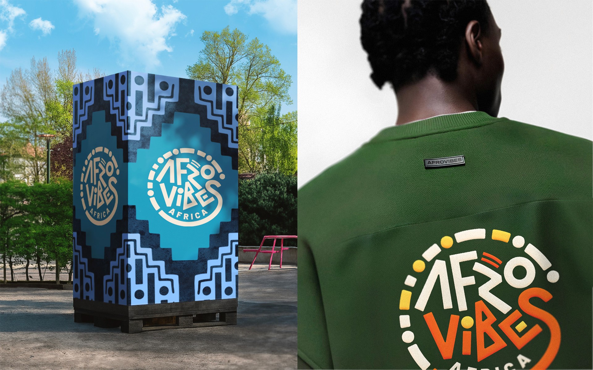 Afrovibes Africa visual identity application — logo, pattern and colour system, MetaCraft. 