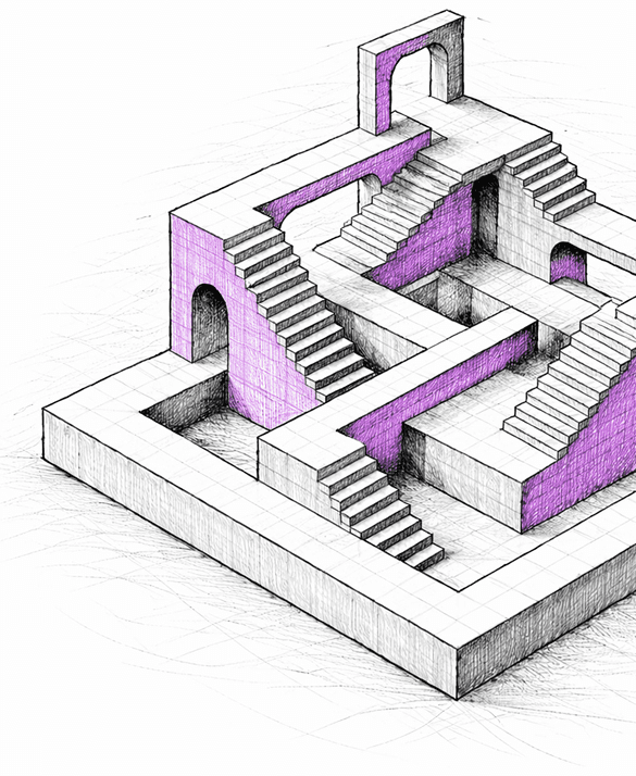 Penrose stairs illustration in black, white, and purple, creating an illusion of endless steps. A building icon in a circle overlays on top. Surreal and intriguing.