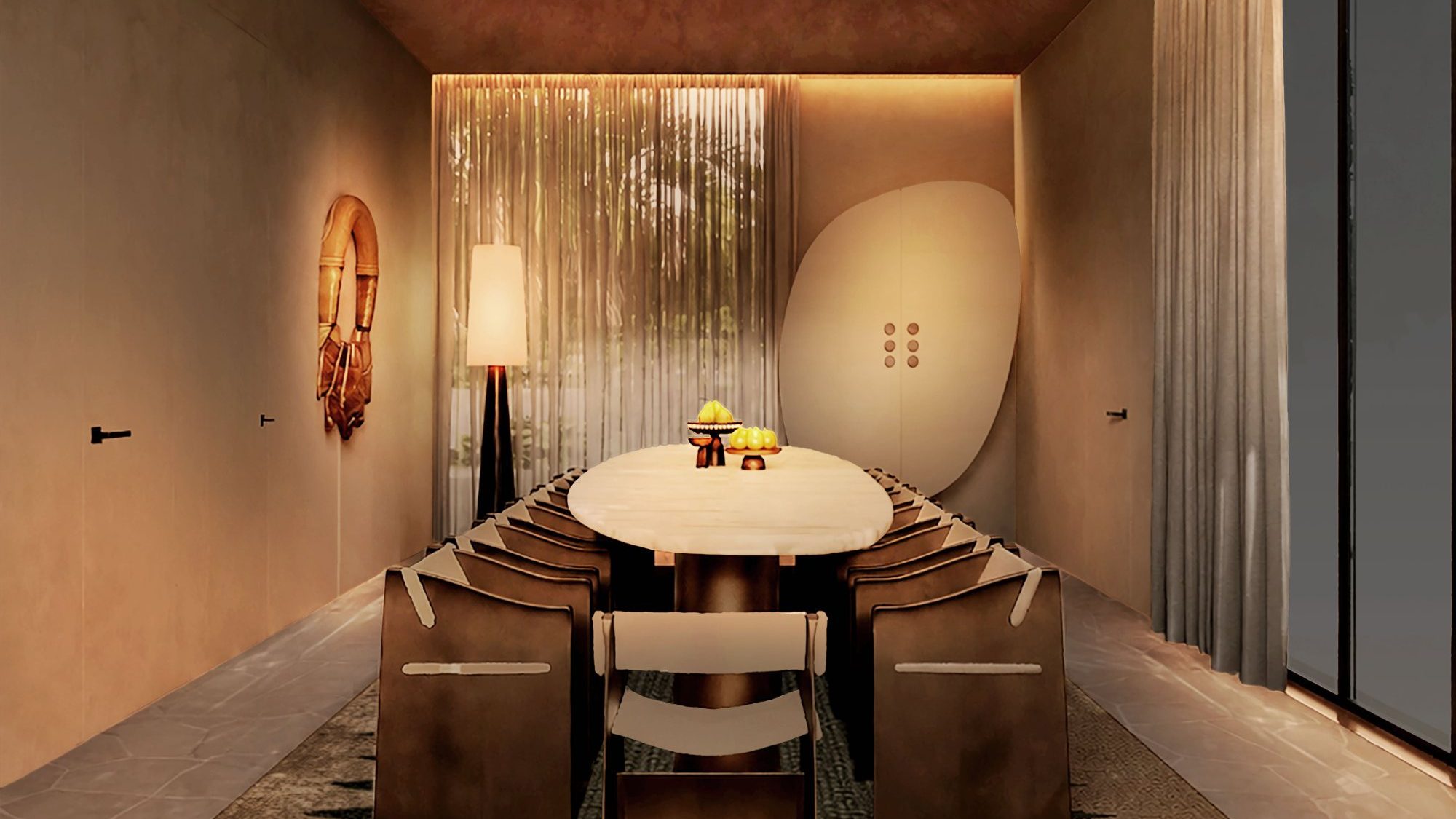 Lighting concept for a dining room: warm light pooled on the table, a soft glow along the ceiling above the curtains and a floor lamp in the corner