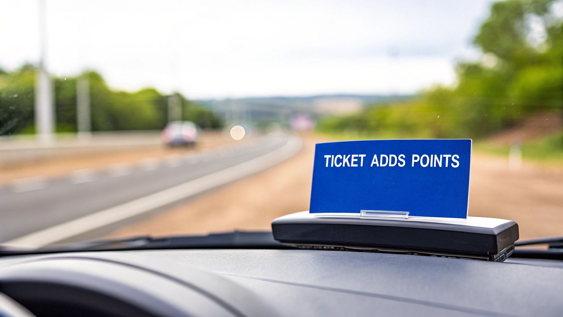 A blue sign on a car dashboard warns 'TICKET ADDS POINTS' with a blurry road ahead.