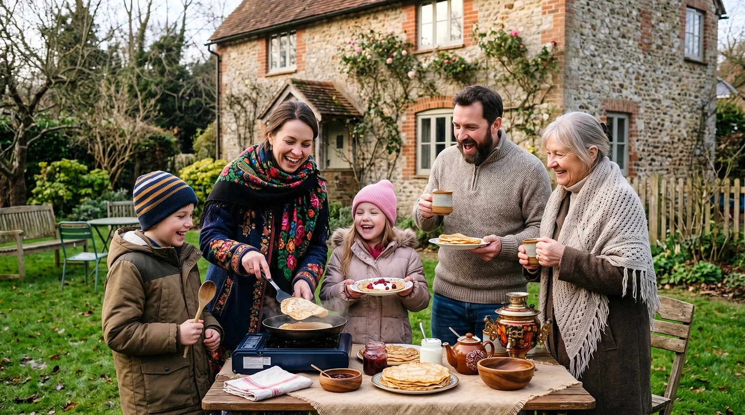 Eastern European family gathering for traditional pancake feast outdoors representing mediareach multicultural campaigns
