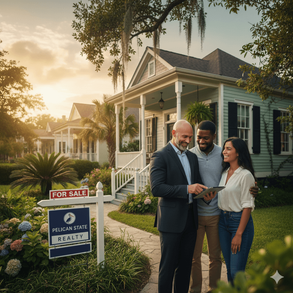 Realtor and his clients outside a beautiful New Orleans cottage-style home after a scheduled showing