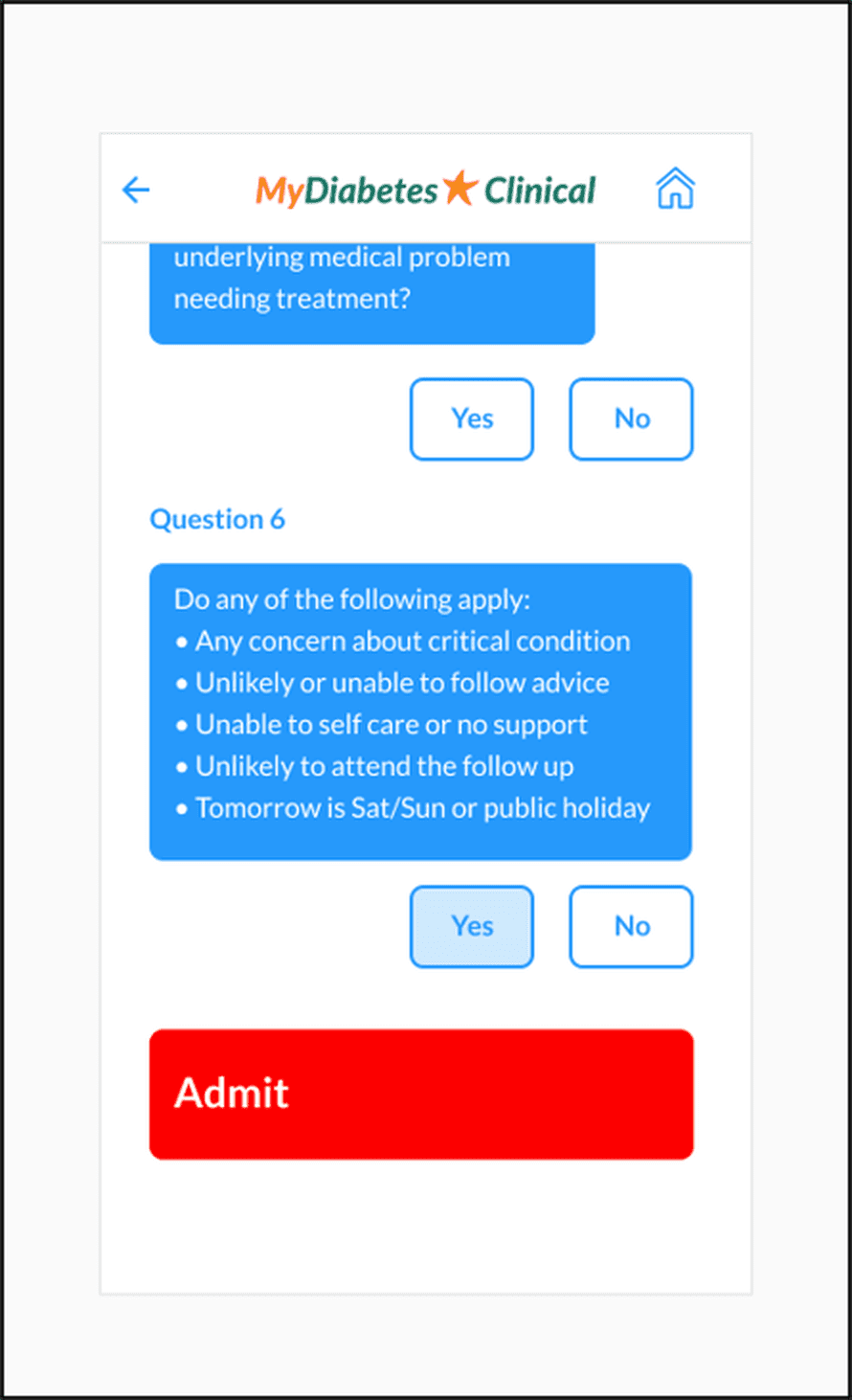 A screen from the MyDiabetes Clinical app. Question 6 asks whether any of the following apply: any concern about critical condition; unlikely or unable to follow advice; unable to self care or no support; unlikely to attend the follow up; tomorrow is Saturday, Sunday or a public holiday. Yes is selected and the app advises Admit.