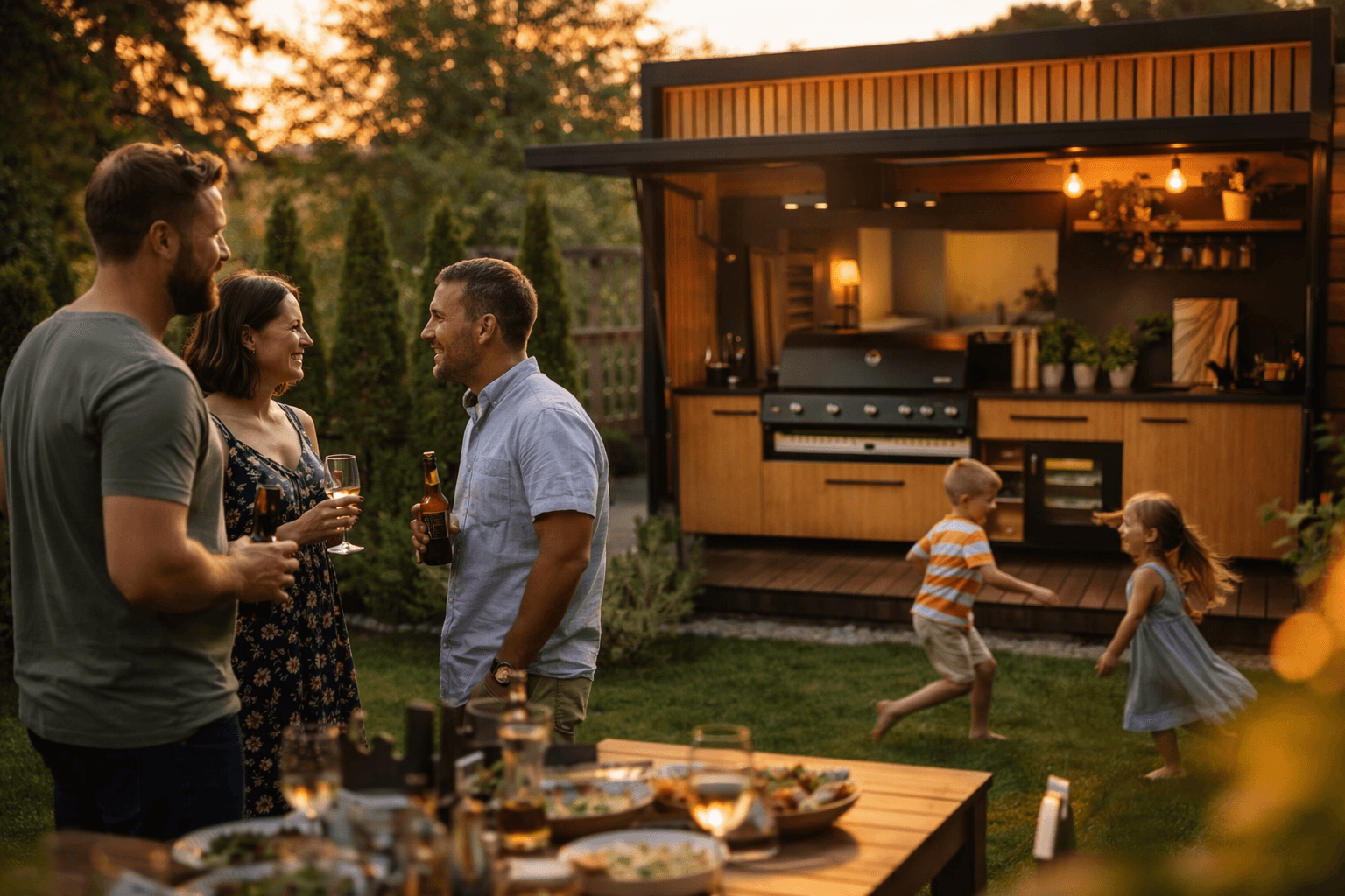 kuchnia ogrodowa Outdoor Kitchen Box wieczorem, rodzina spędzająca czas w ogrodzie