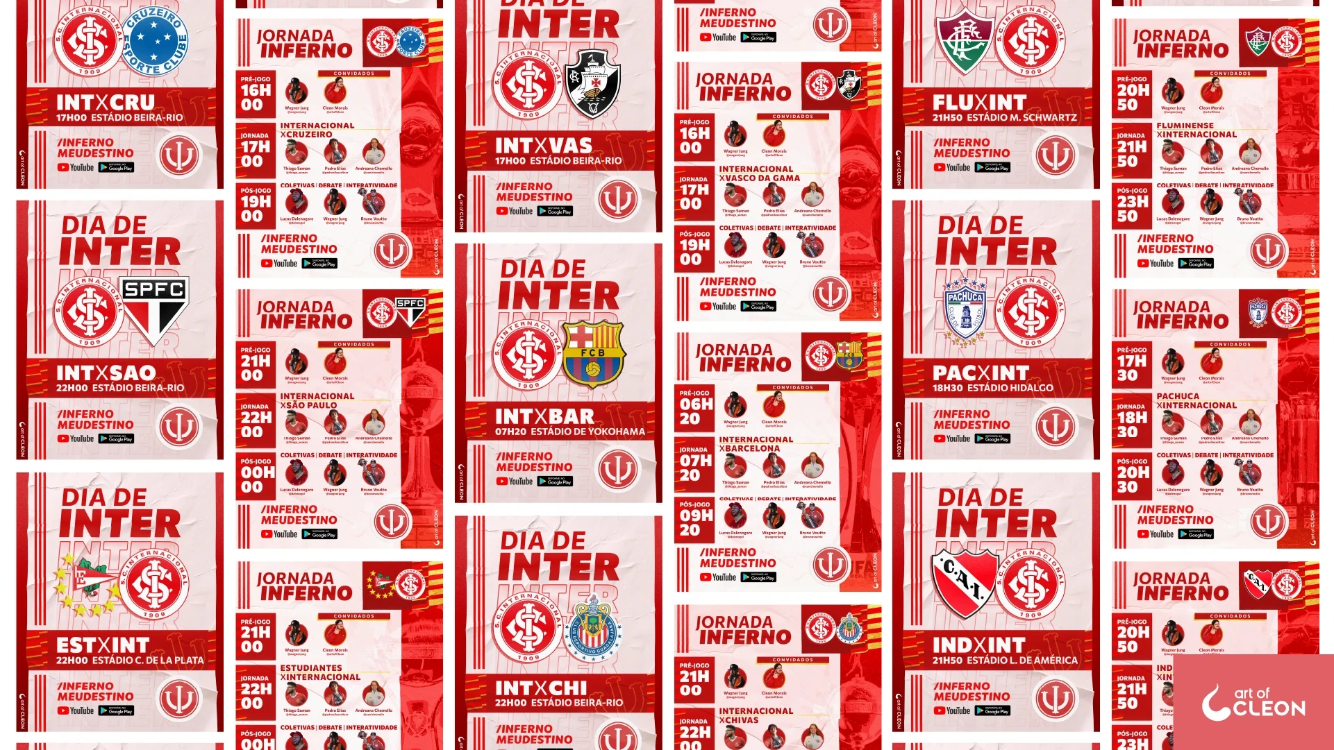 A grid of “Dia de Inter” and “Jornada Inferno” cards for different fixtures. Club crests, match details, guest portraits and broadcast times change within the same red-and-white layouts.