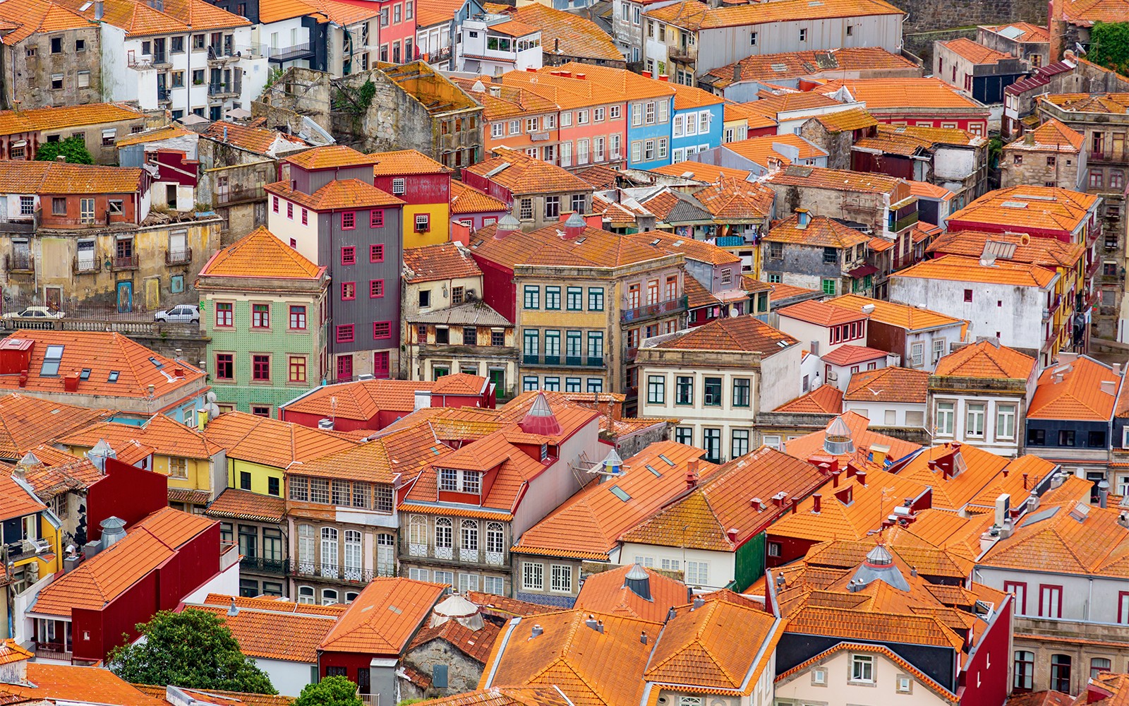 Aerial view of colorful rooftops in Porto near Misericórdia Museum and Church.
