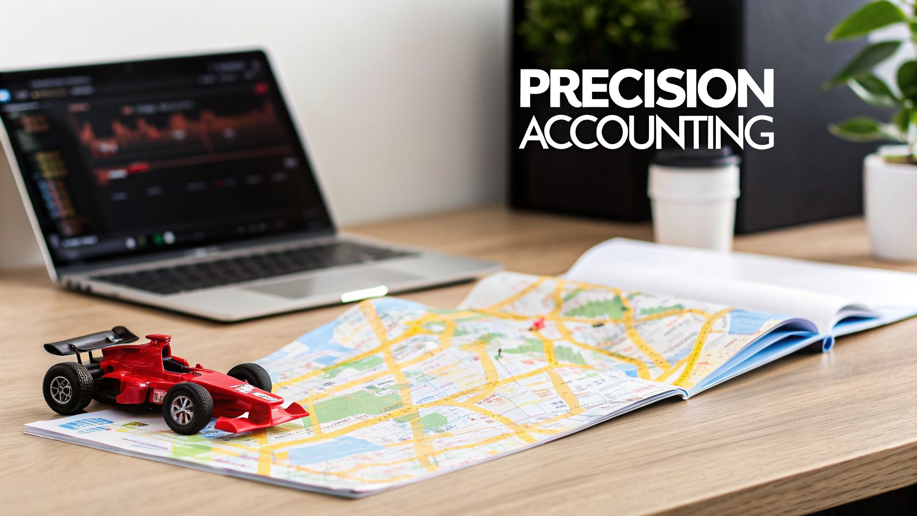 A desk setup featuring a laptop displaying financial data, a toy race car, a map, and the text 'PRECISION ACCOUNTING'.