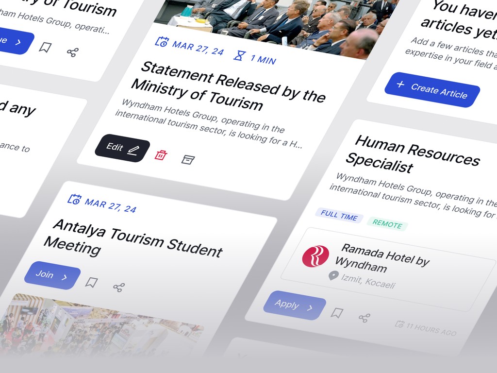 UI layout of job and event cards, including Ministry of Tourism updates and Antalya student event with modern minimal design