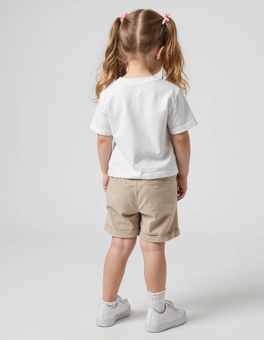Back view of child wearing white t-shirt with khaki shorts and white sneakers against neutral background, classic catalogue styling