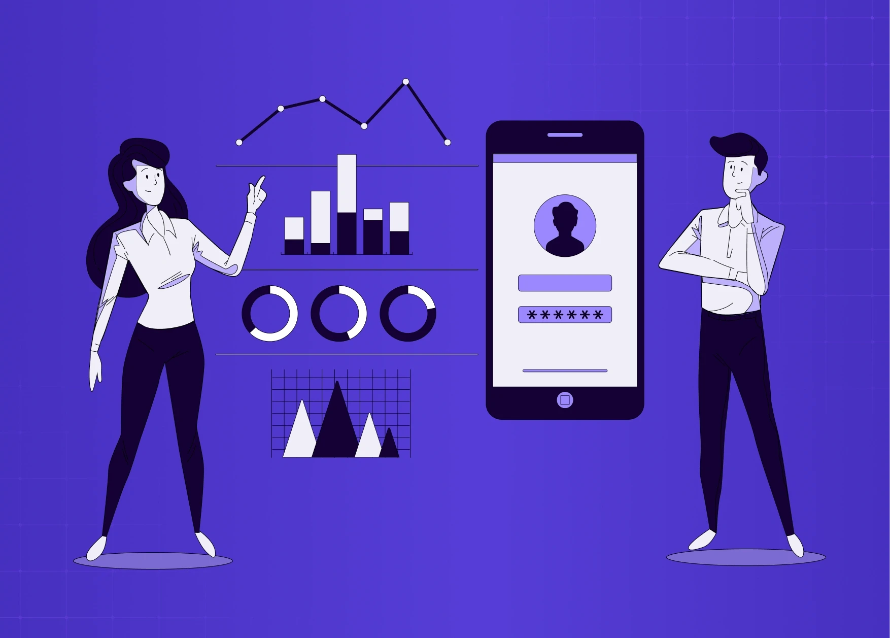 Illustration of two people standing beside analytics charts and a mobile login screen, representing UX research, data analysis, and user authentication workflows.