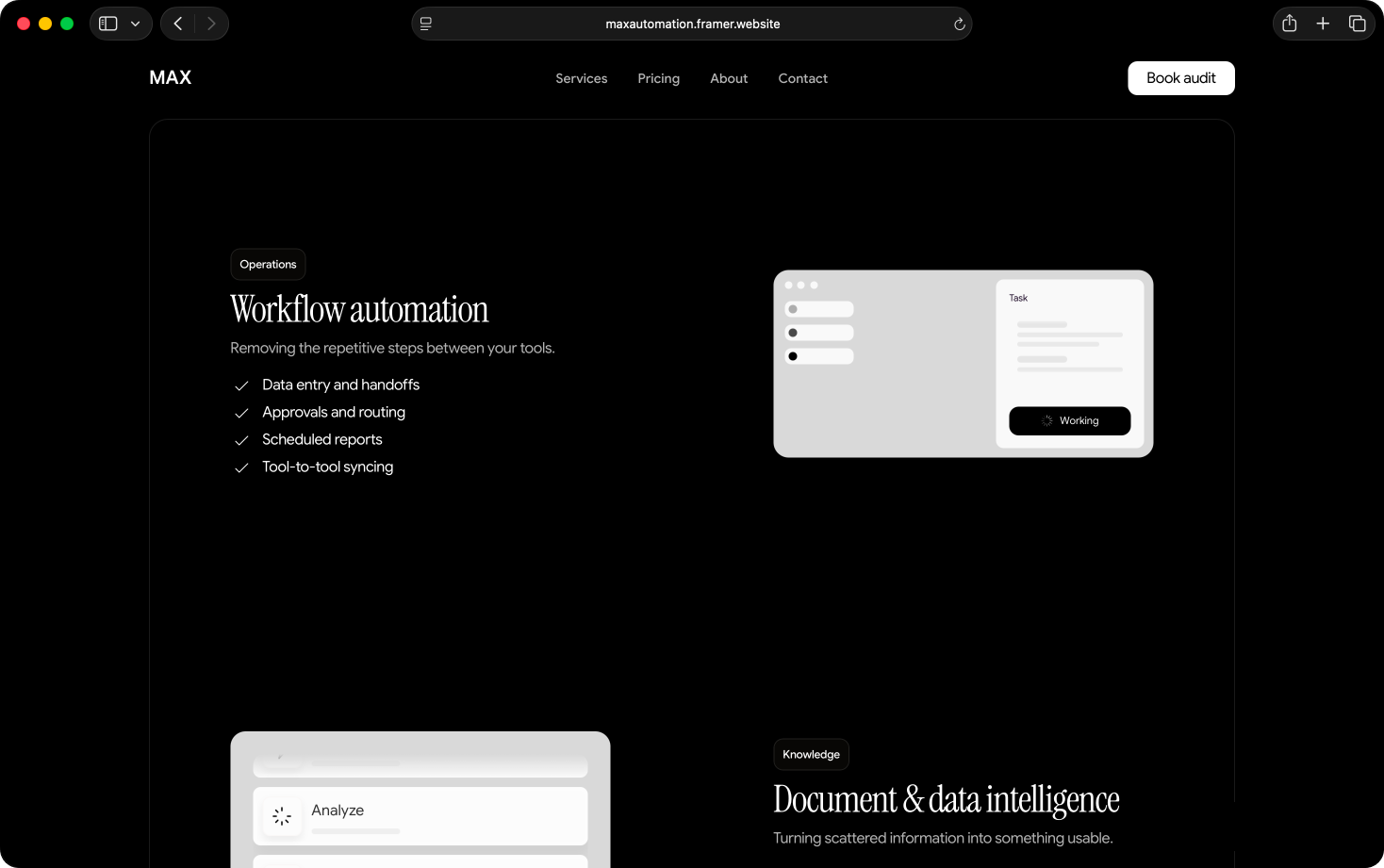 Tjänstesektionen ”Workflow automation” i MAX-mallen med en checklista och ett gränssnitt som visar en pågående uppgift.