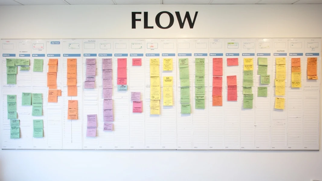 Wide shot of a large wall calendar with colorful cards arranged in neat columns, resembling a Kanban board layout, with "FLOW" written in large bold font on the top of the calendar.