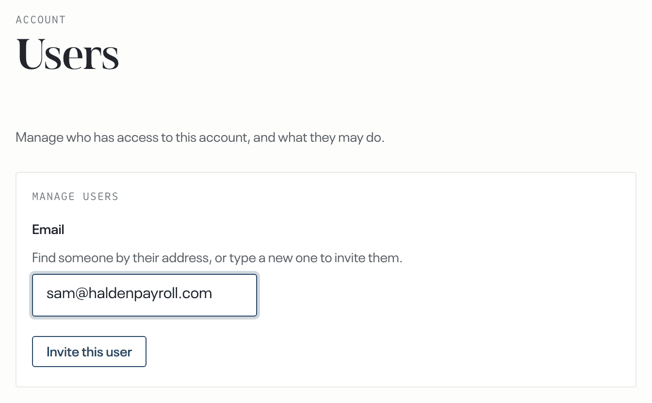 Users, demo account · a new address typed in Email, and Invite this user under it