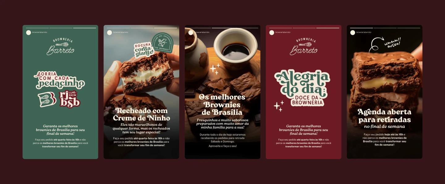 Five Instagram story mockups for Browneria Barreto displayed side by side against a dark burgundy background, showcasing different social media post layouts with brand typography and product photography