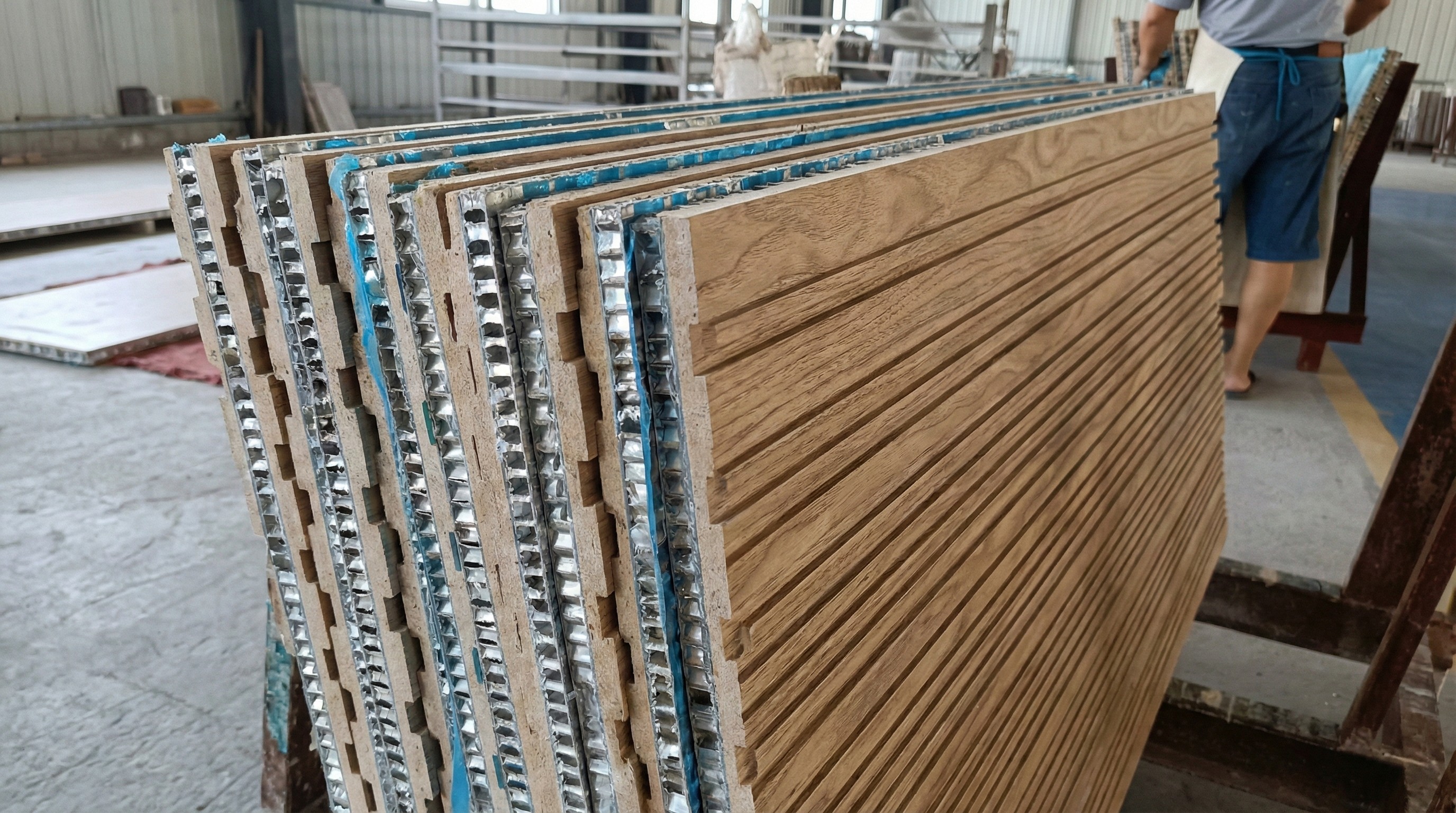 Side view of stone-faced aluminum honeycomb panels showing the ultra-thin marble layer by NOVA STONE.