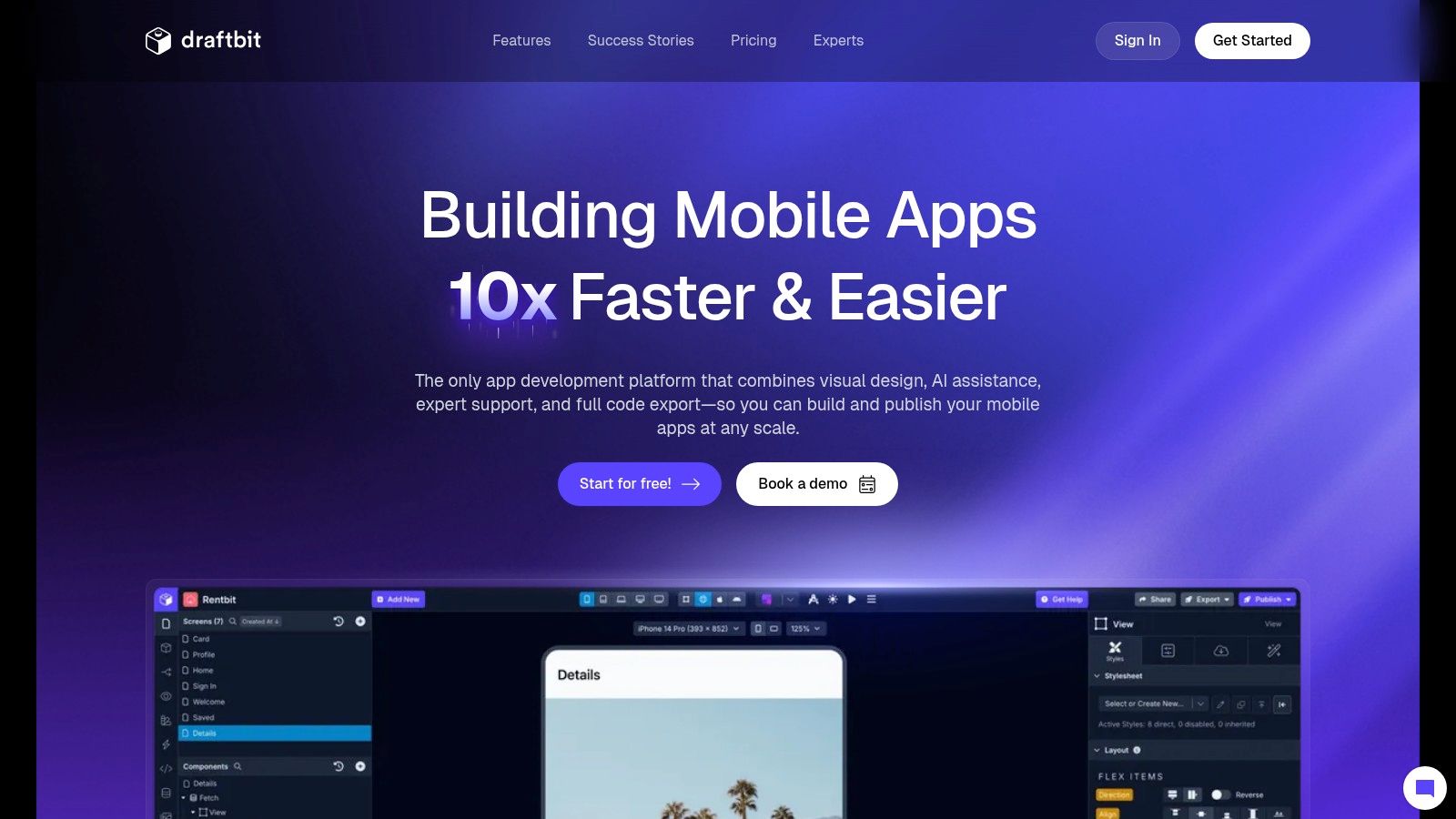 Draftbit React Native visual builder with AI code assistance and GitHub integration