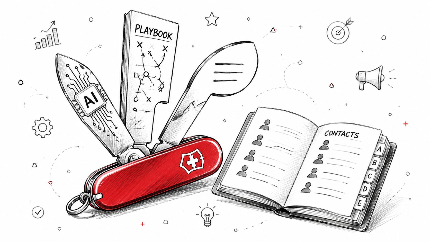 A Swiss army knife with integrated AI, a playbook, and contact book for business sales enablement tools.