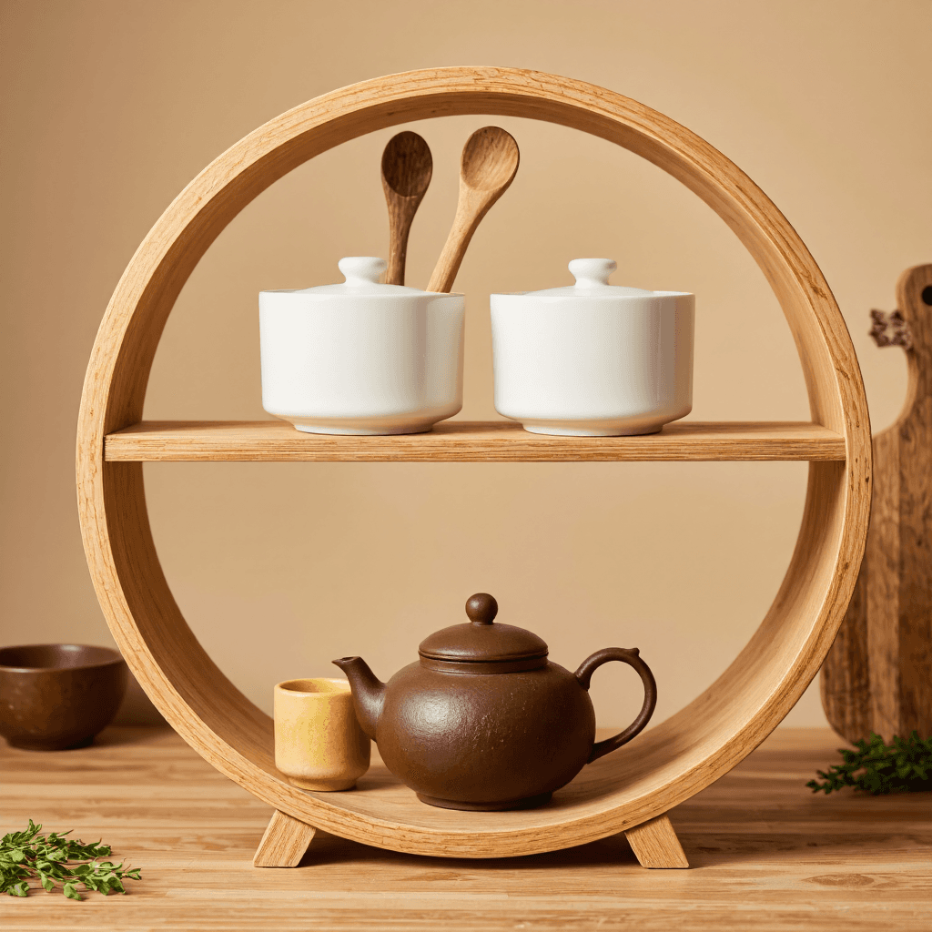 product photography of a decorative kitchen shelf with various containers and utensils