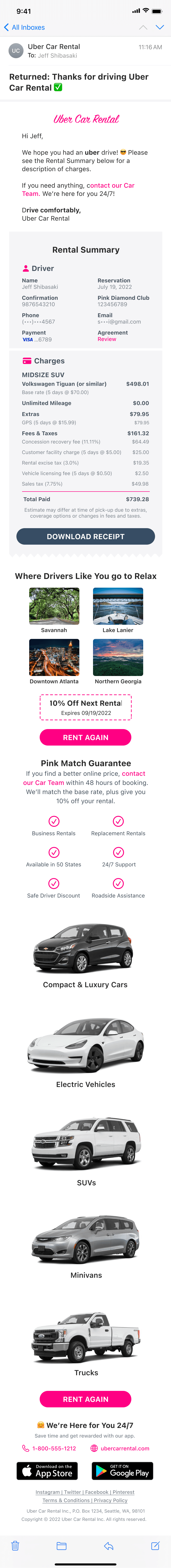 Final post-rental confirmation email with receipt and future rental recommendations