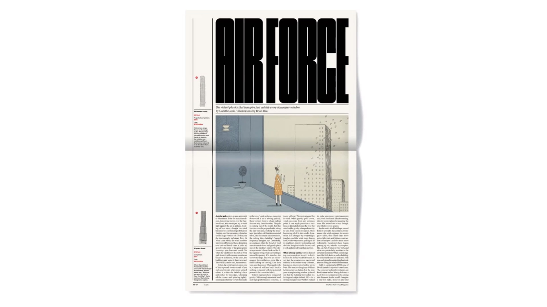magazine spread air force and cartoon of woman looking out a city window