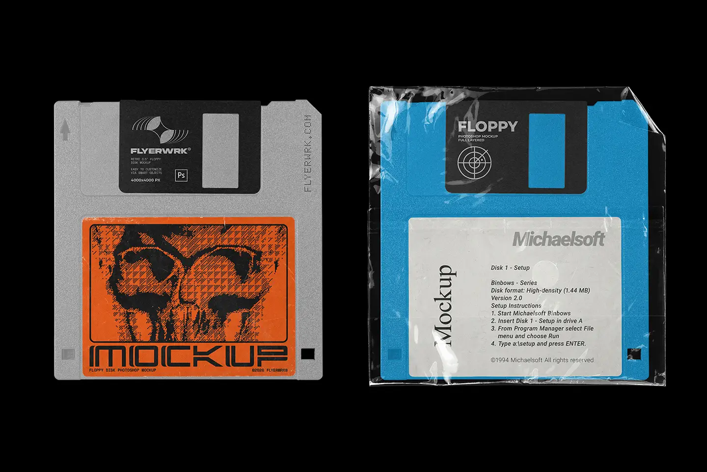 Vintage Floppy Disk 3.5 Inch Mockup showing grey and blue disk variations with custom retro labels
