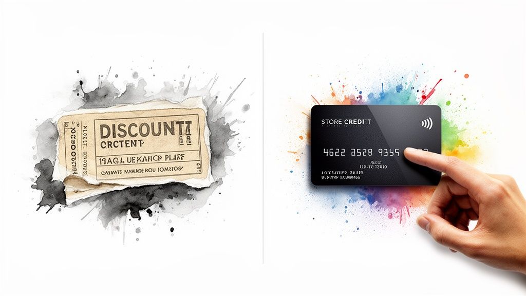 A vintage paper discount ticket contrasts with a modern black store credit card, both surrounded by vibrant watercolor splashes.