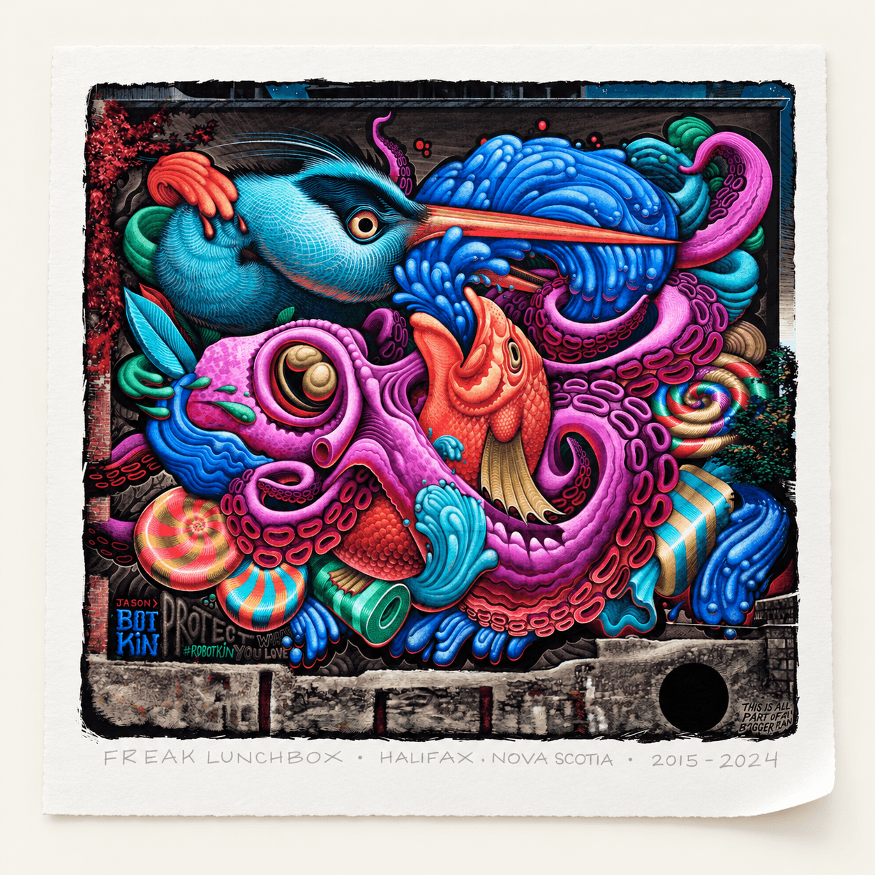 The octopus mural rises above a construction lot stacked with crates and building materials.
