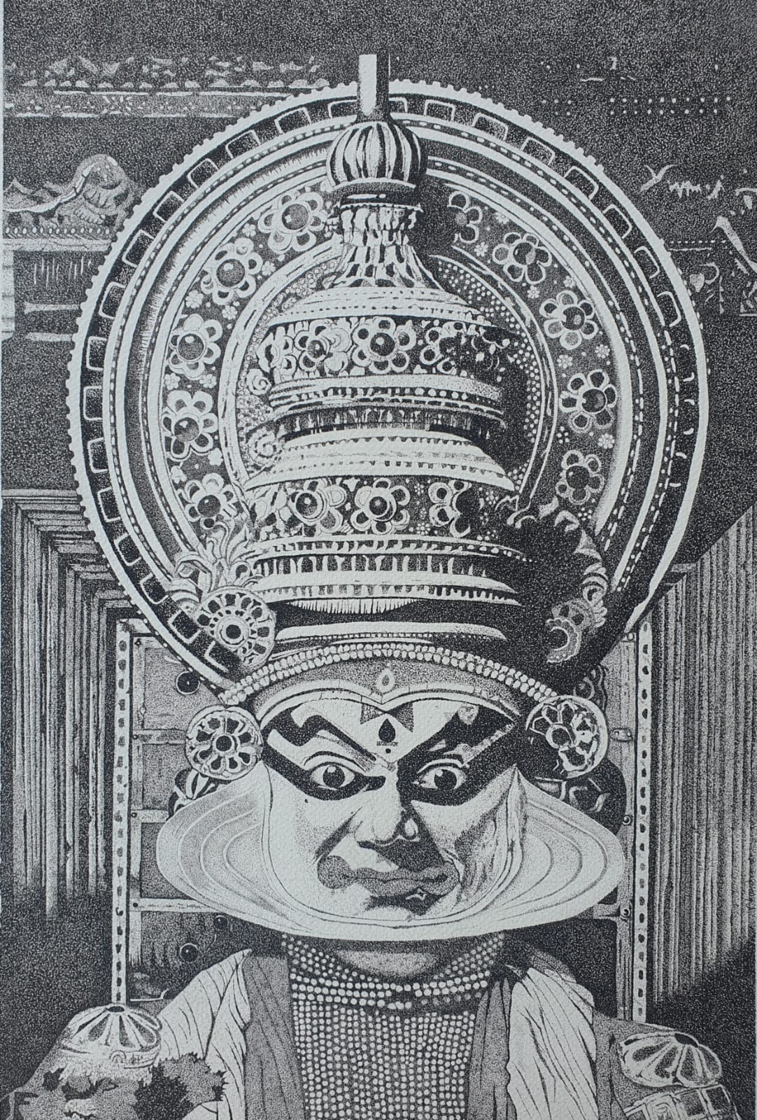 A black and white drawing depicting a man wearing a kathakali mask