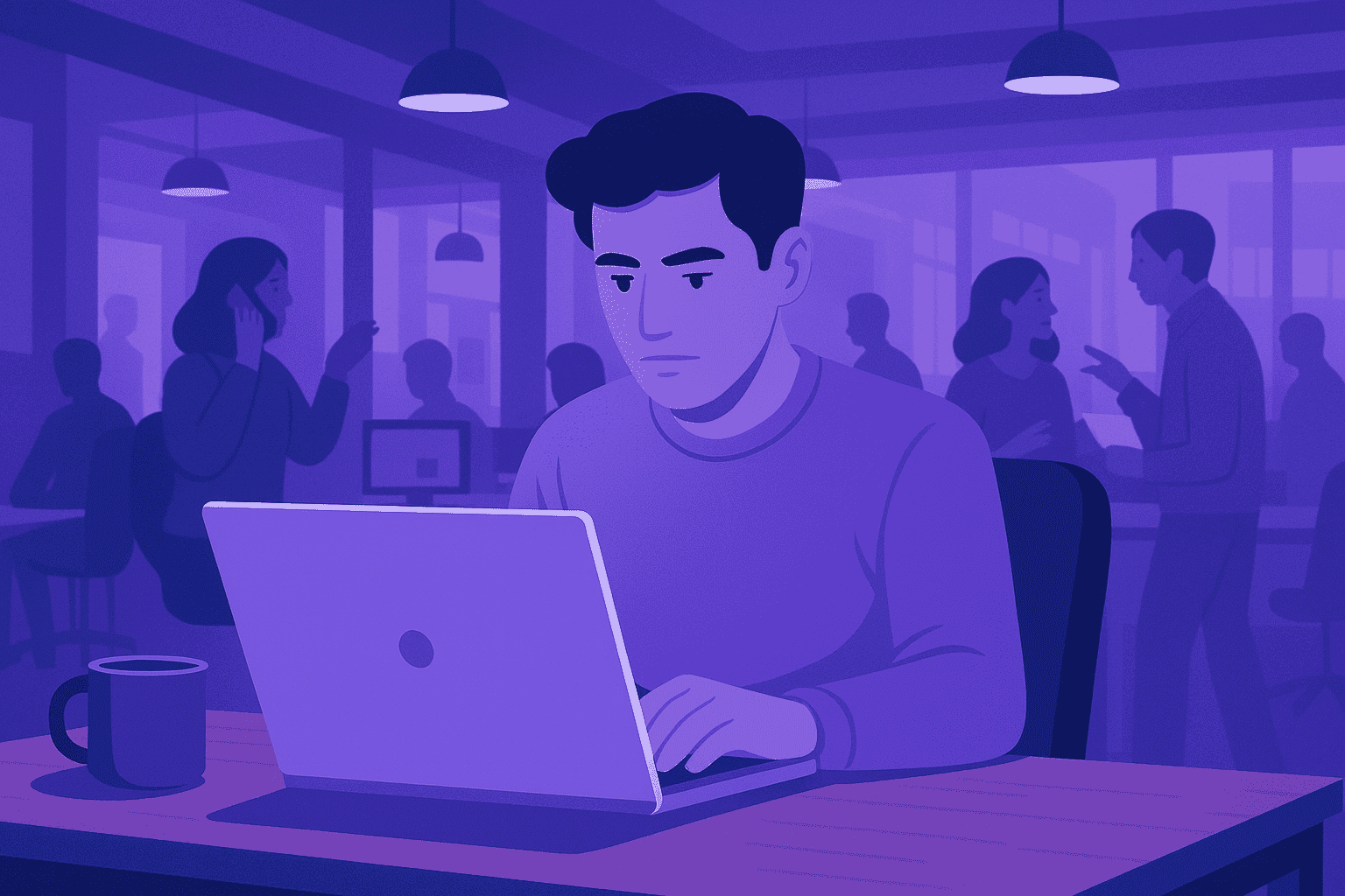 Flat-style illustration of a professional concentrating on a laptop in a lively open office, representing focus and productivity amid common workplace distractions.