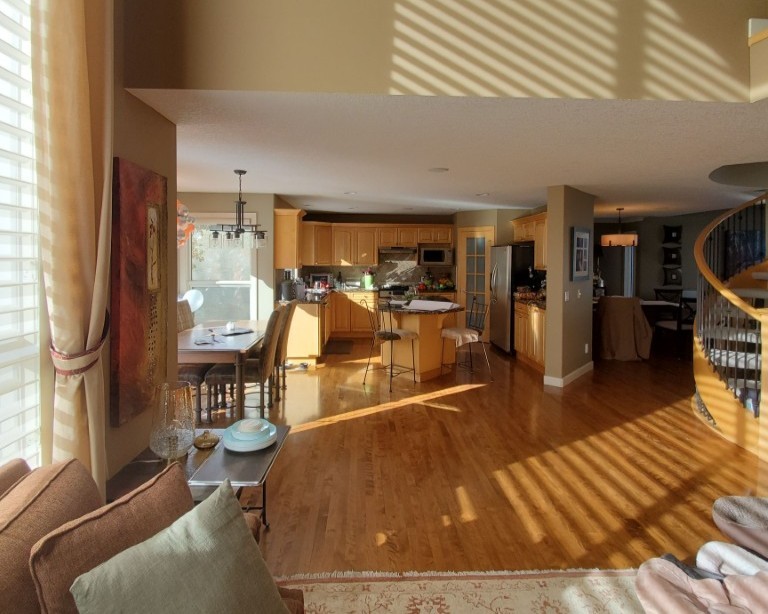 Maple kitchen and flooring with olive/ taupe wall colour making the large room feel small. The light is beautiful as it dances in a linear fashion over the room.