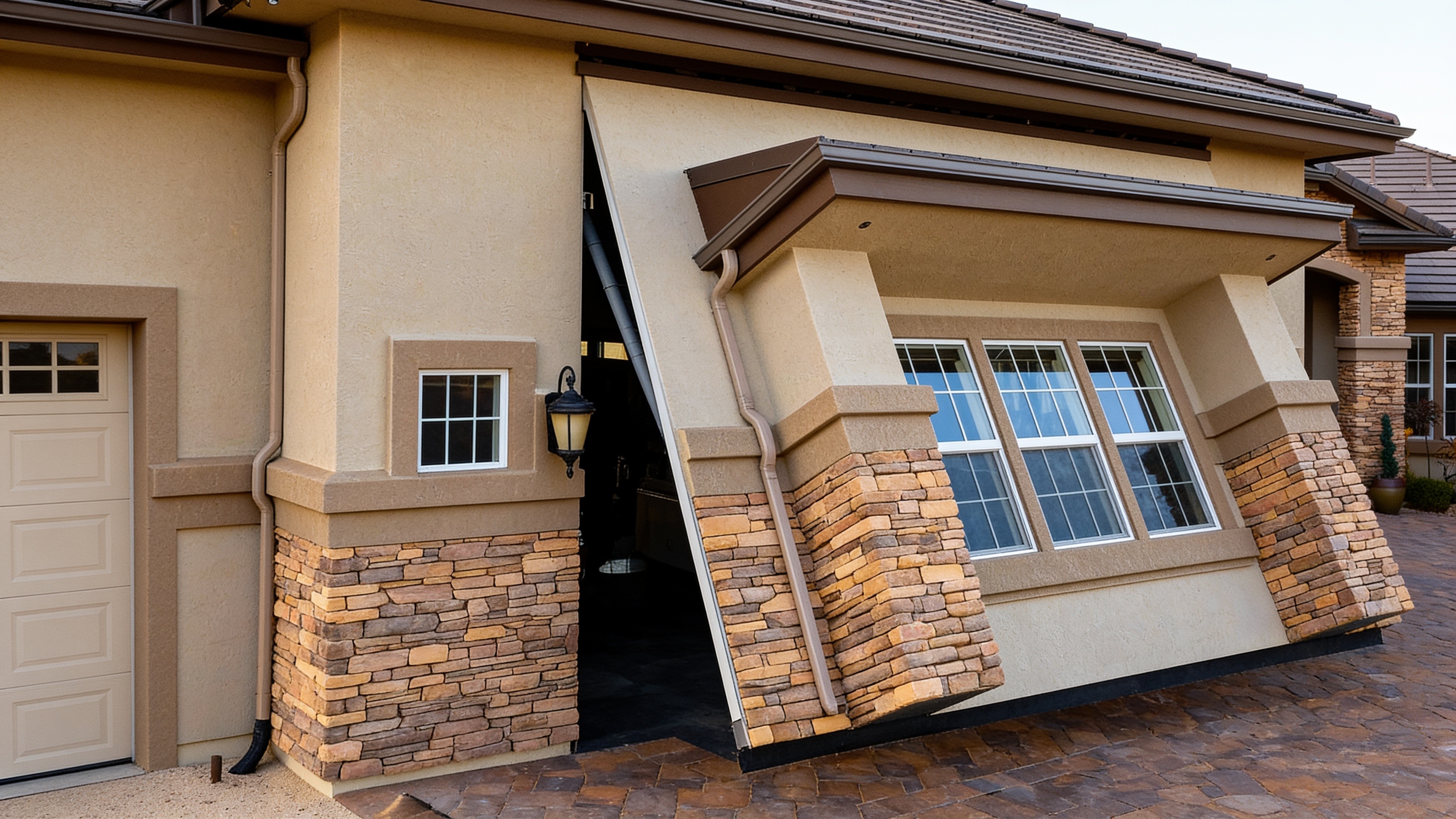 21-foot stucco and masonry concealed cylinder garage door open on a home