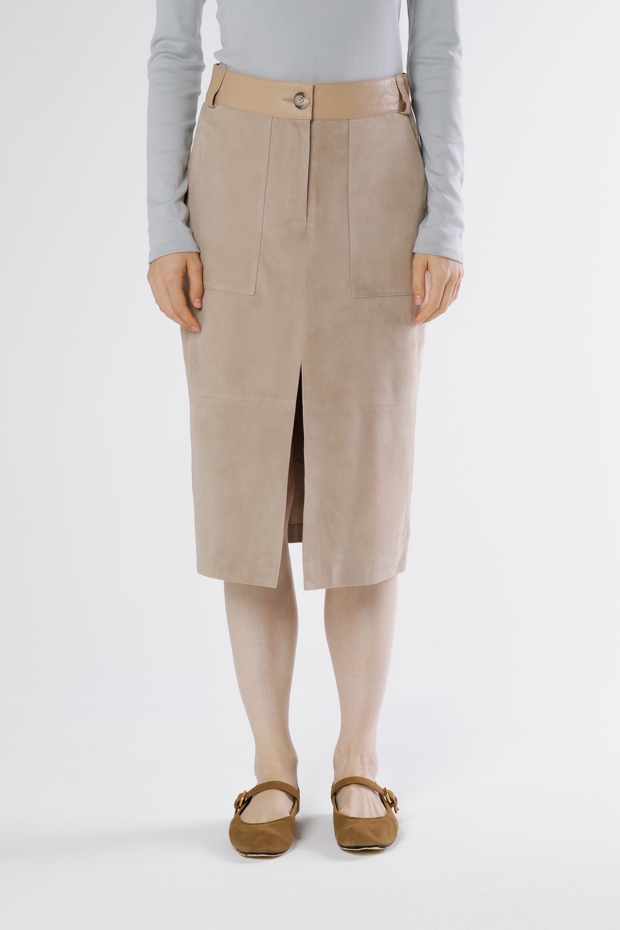 Alice suede midi skirt in nougat color front view, elegant luxury women’s skirt