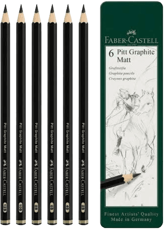 Faber-Castell 9000 graphite pencil set, six black pencils beside a green tin labelled 6 Pitt Graphite Matt.