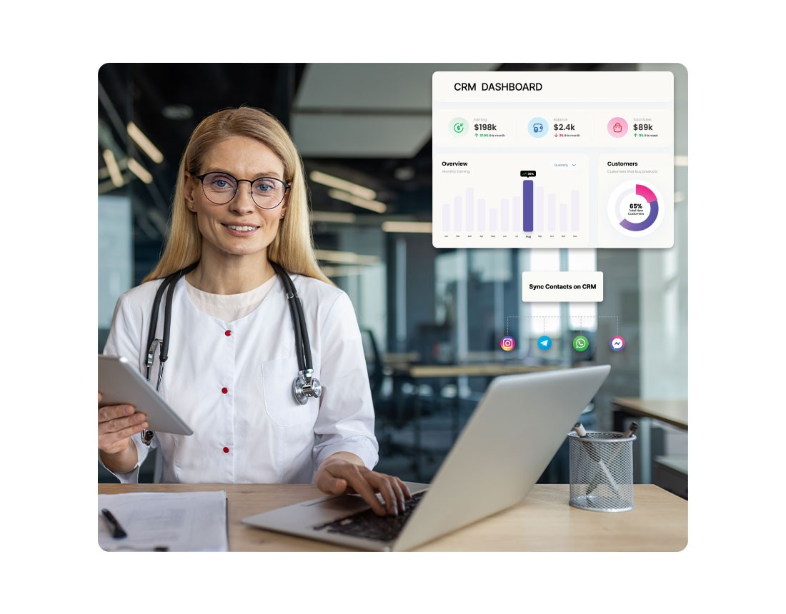 Doctor in a white coat using a laptop and tablet in a modern office, with a CRM dashboard displaying metrics like a pie chart and social media sync icons for Instagram, Telegram, and WhatsAppDoctor in a white coat using a laptop and tablet in a modern office, with a CRM dashboard displaying metrics like a pie chart and social media sync icons for Instagram, Telegram, and WhatsApp