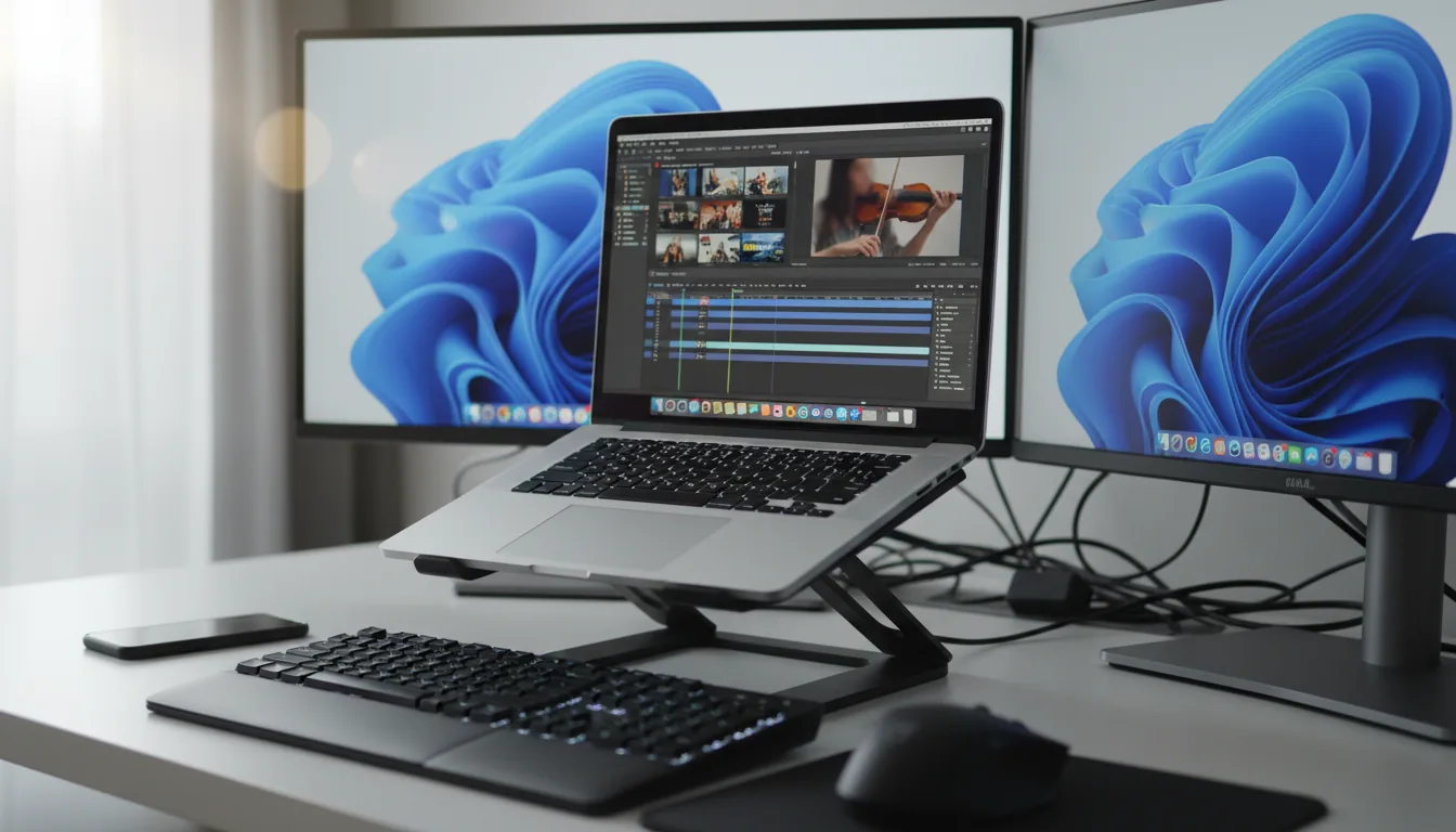 DSLR photography of a video editor's workspace, central focus on a silver MacBook Pro on a black angled laptop stand. The laptop screen is illuminated, displaying the Final Cut Pro software interface with a video timeline, media browser thumbnails, and a video preview of a person holding a violin. On the clean white desk, a black external keyboard, mouse, and smartphone are visible. The background is out of focus, showing two large external monitors with abstract wallpapers and some cluttered cables. The scene is shot with a shallow depth of field, under soft, natural daylight.