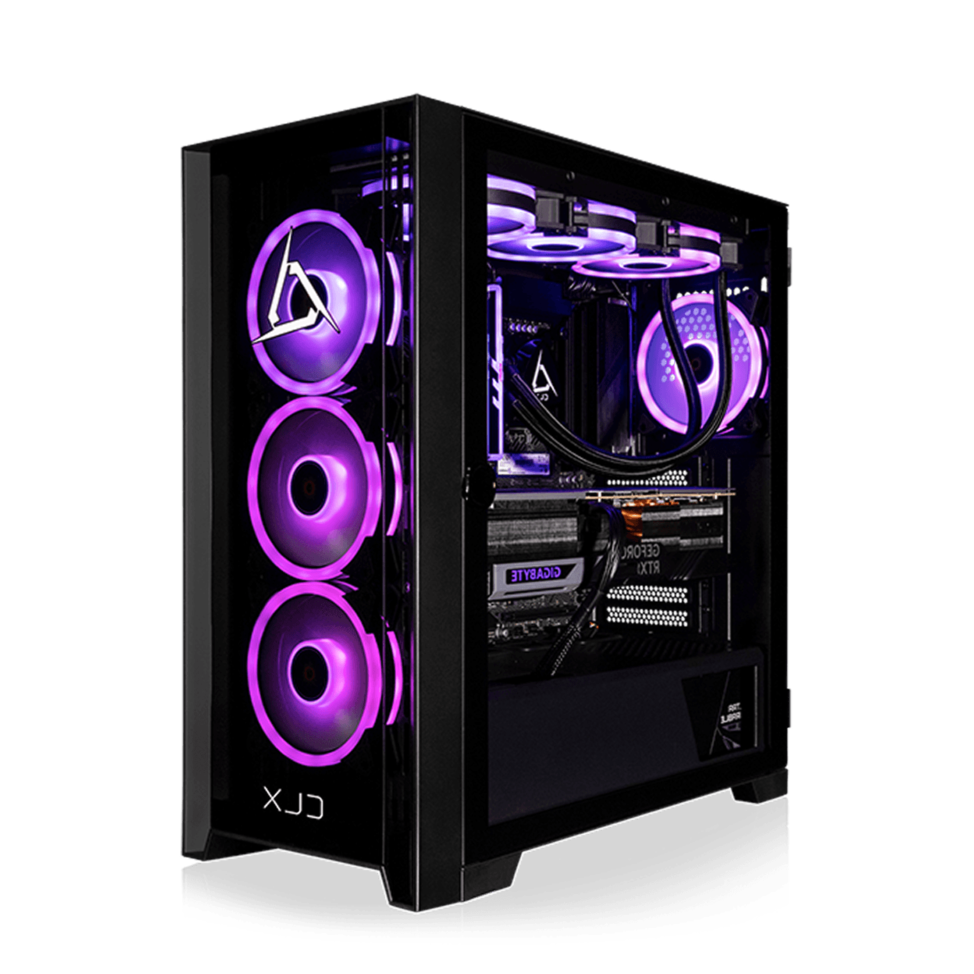 A black custom PC build with purple RGB lighting