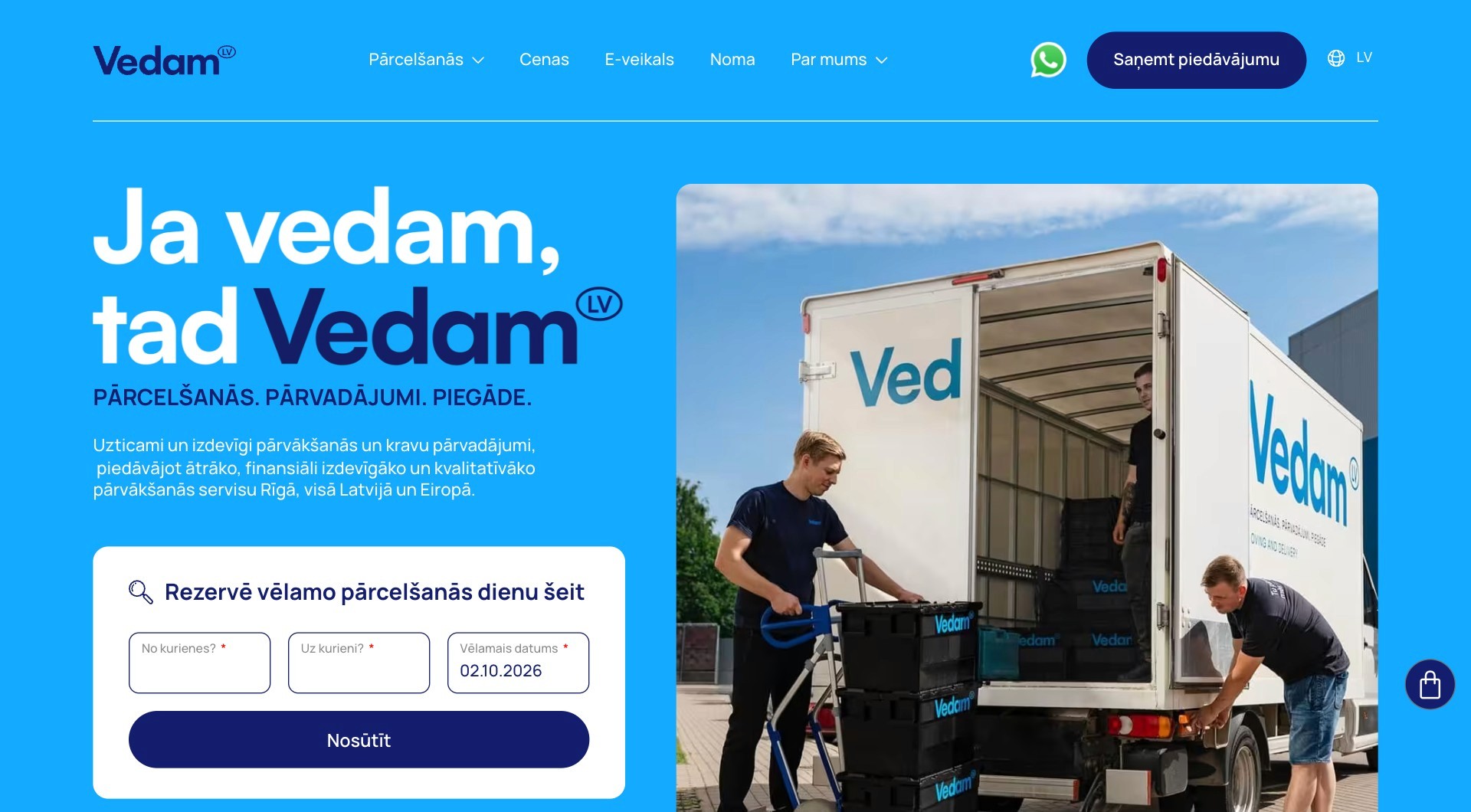Vedam moving company website home page with movers loading a van