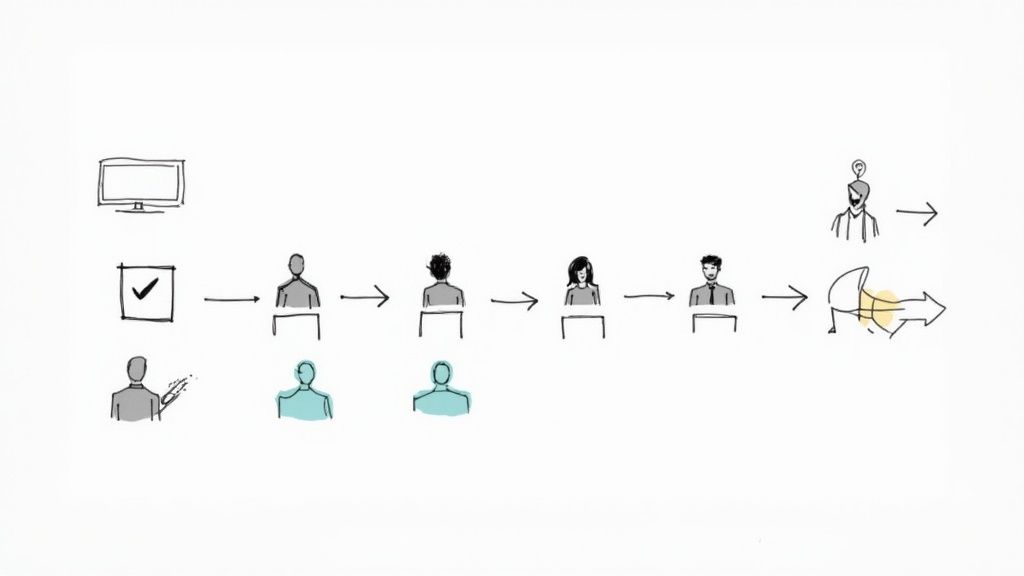 Hand-drawn diagram showing a process with a screen, checkmark, multiple people, and a megaphone.