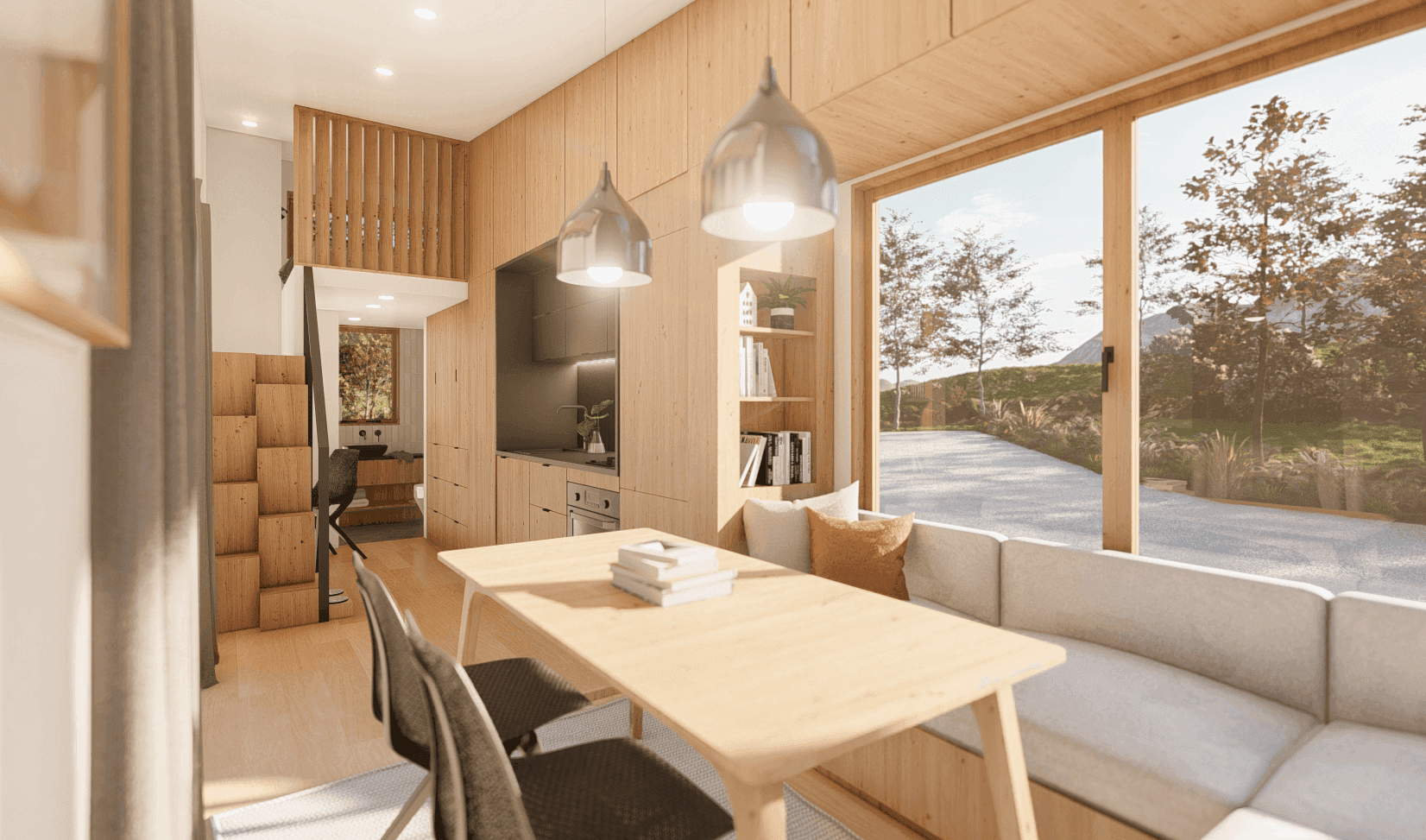 The Marlo tiny home dining room acts as a temporary office