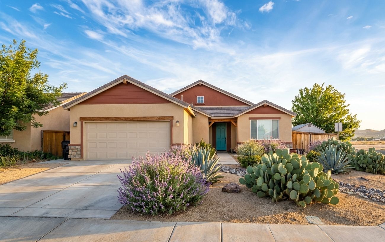 Southwestern revival — warm sand stucco, deep terracotta gables, turquoise door, prickly pear garden