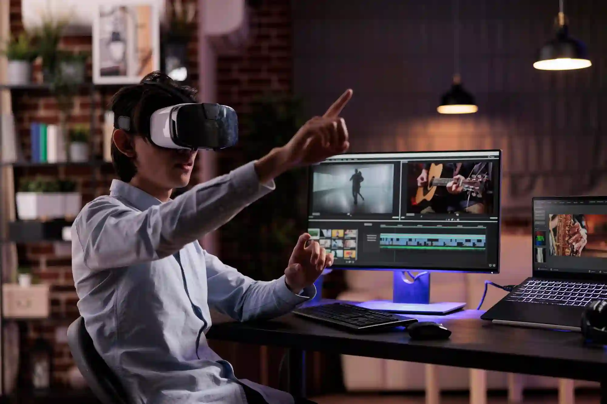 A creator uses a VR headset to interact with video editing software, showcasing the future of immersive digital technology.