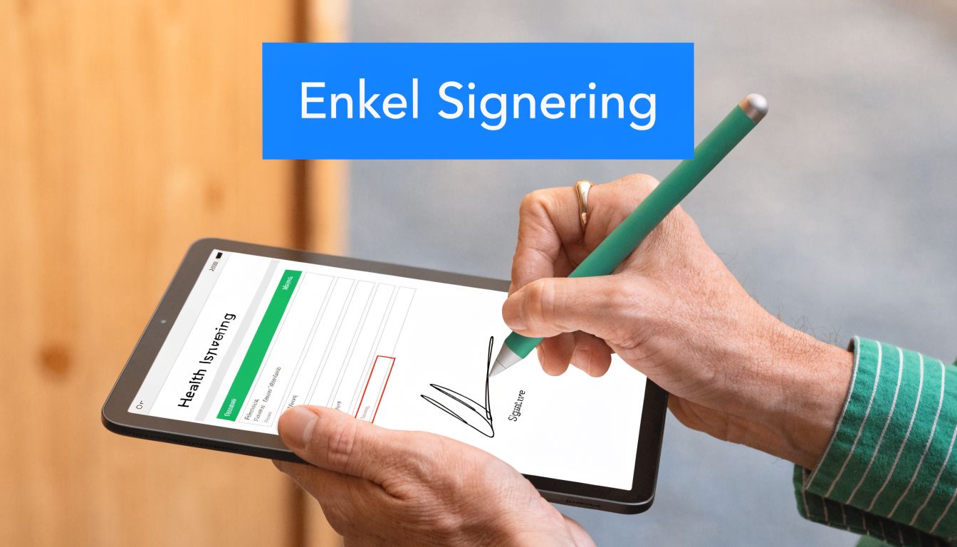 En person som skriver under ett digitalt hälsoformulär på en surfplatta med en digital penna.