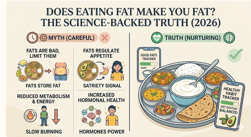 A brand-consistent infographic titled "Does Eating Fat Make You Fat? The Science-Backed Truth (2026)." The left side debunks the myth that all fats lead to weight gain and slow metabolism. The right side shows the "Truth" featuring a healthy vegetarian thali with dahi and avocado, emphasizing appetite regulation and hormonal health through balanced fat intake.