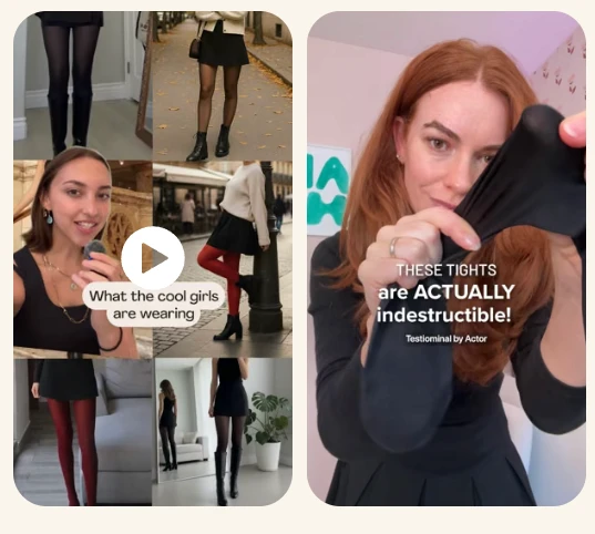 A collage of UGC-style paid social ads for a tights brand. On the left, nine creator clips show legs in black and burgundy tights with skirts and boots, shot on the street and in mirror selfies, one captioned "What the cool girls are wearing." On the right, a creator stretches a pair of black tights wide between both hands under the on-screen text "THESE TIGHTS are ACTUALLY indestructible." Vertical framing, natural light and burned-in captions make the ads read as ordinary feed content.