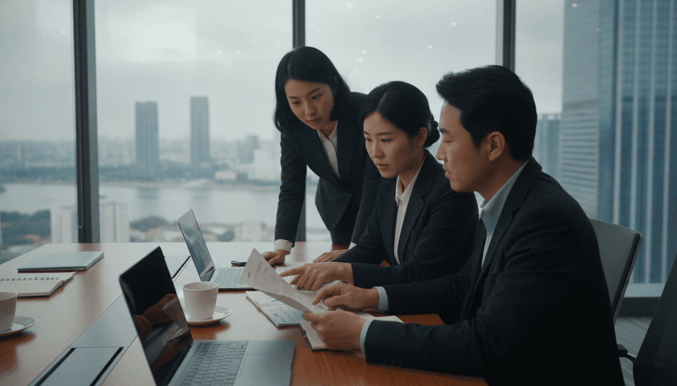 Finance and general affairs staff reviewing a travel policy document in a meeting room — writing private aviation into company rules