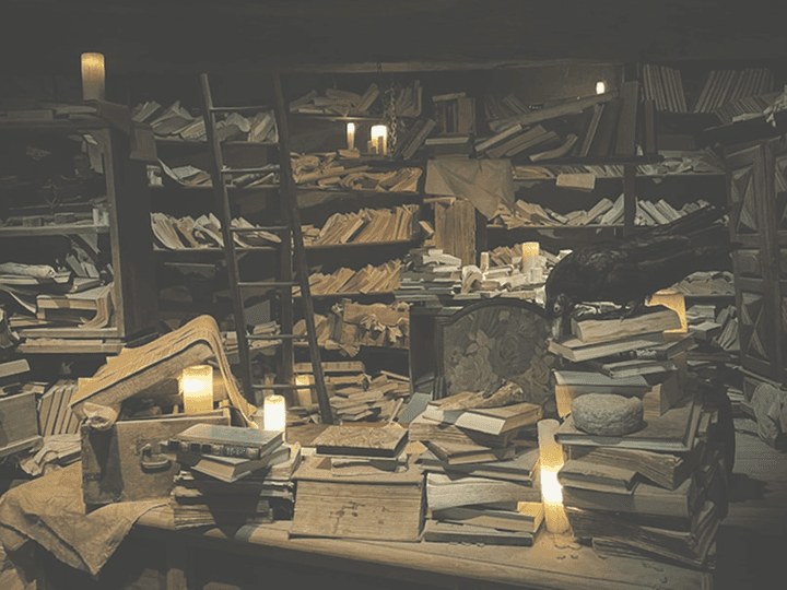 A candlelit, cluttered vintage study filled with old books and papers, representing 'Researching the Impossible Crime'.